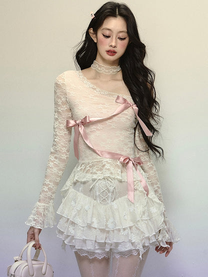 Apricot Ribbon Bow Detail Asymmetrical Neckline Lace Top