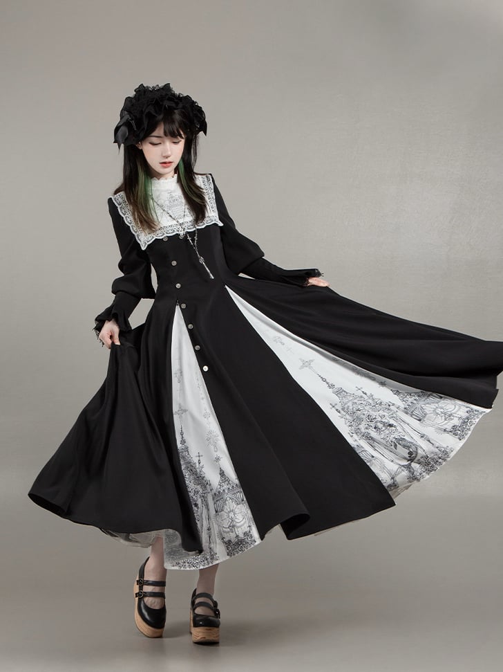 Lolita Square Print Collar + Gothic Hairband OP Black Neckline Necklace