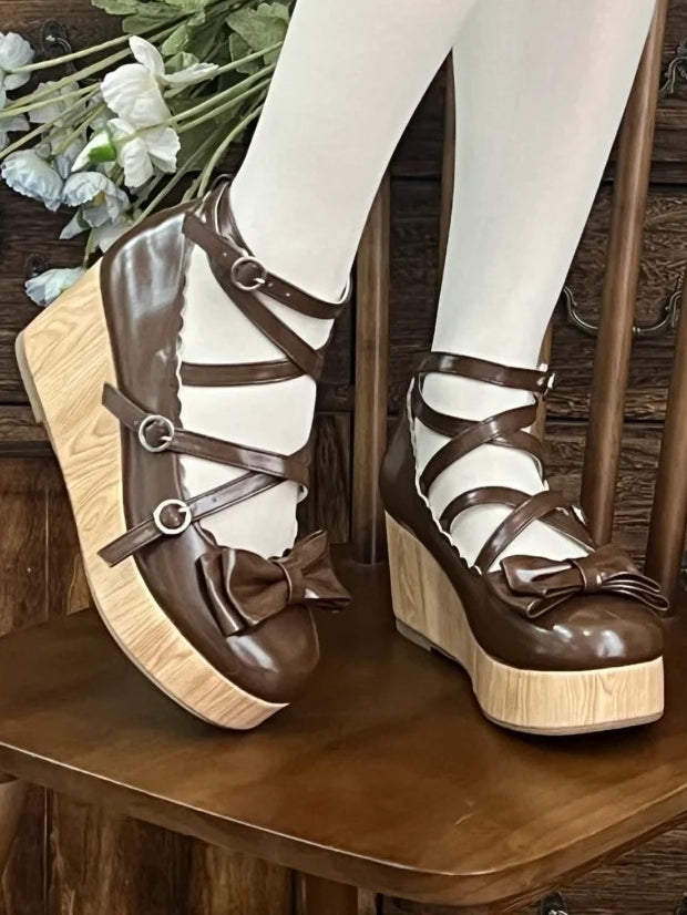 at Bow Design PU - Brown Top Platforms Crisscross Wedge