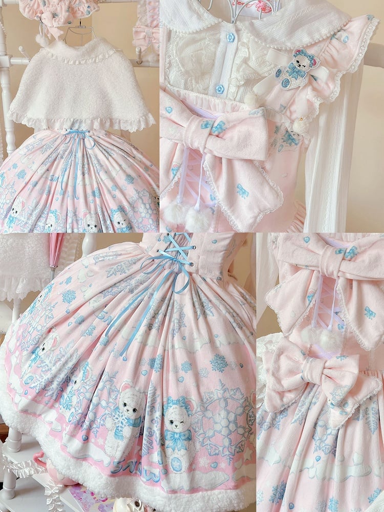 Pink Skirt Bear Lolita and Print Snowflake Winter Light Sweet Jumper with
