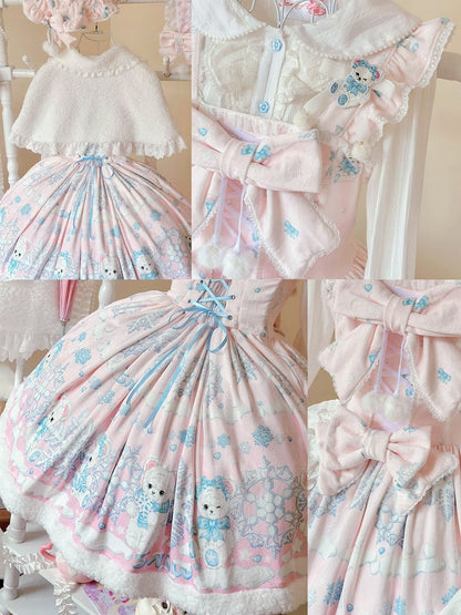 Pink Skirt Bear Lolita and Print Snowflake Winter Light Sweet Jumper with