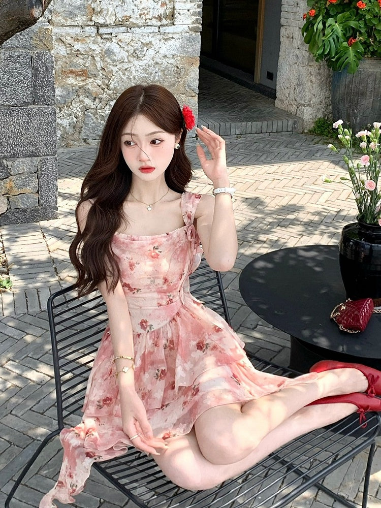 Red Floral Asymmetrical Ruffle Hem Summer Dress - Qchiwawameme