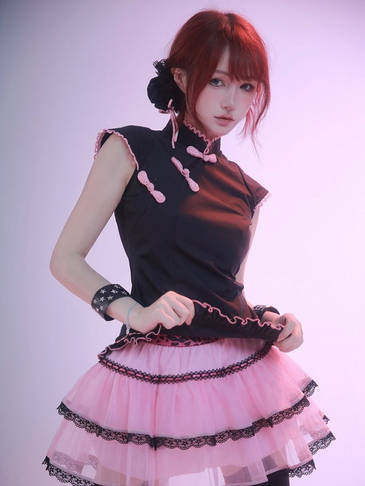 Black Sleeveless Cheongsam Buckle Top