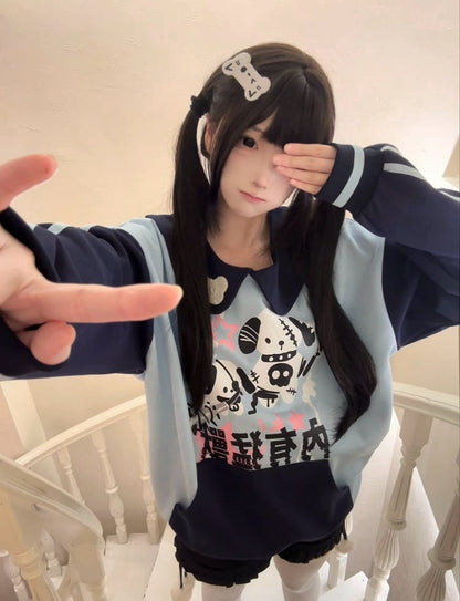 Pan Fleece Peter Blue Puppy with Sweatshirt Print Punk Black Collar and Alt-Kawaii Embroidered Bone