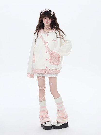 Apricot & Pink Heart-shaped Buttons Hoodie with Detachable Bunny Ear Design