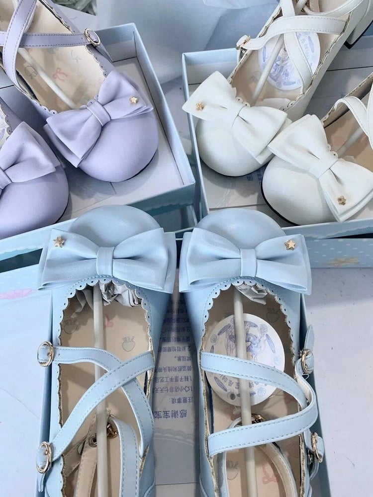 Decor Scalloped Sweet Blue Design - Bow Round-toe Lolita Heels Low