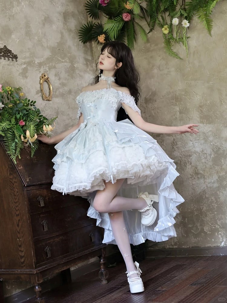 Hime Basque Flower Lace Layered Fluffy Lolita Dress Blooming with Blue Accents Waist | Sheer Ocean