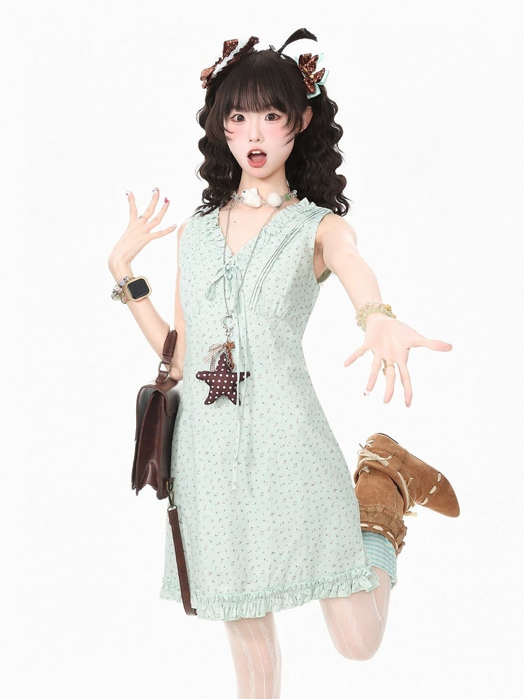 Green V-Neck Floral Print Sleeveless Dress - Languid Park
