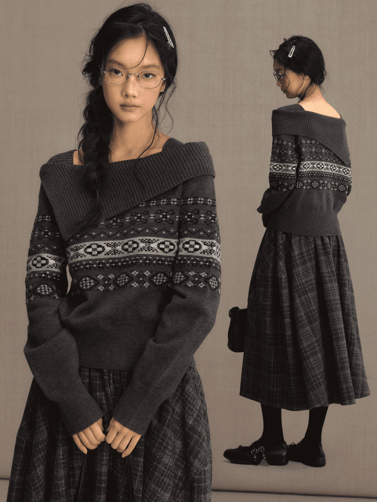 Gray/Blue Asymmetric Off-Shoulder Knit Sweater with Jacquard Details