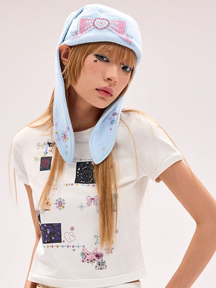 Blue Hat Y2K Rhinestone Bow Bunny Ear Design
