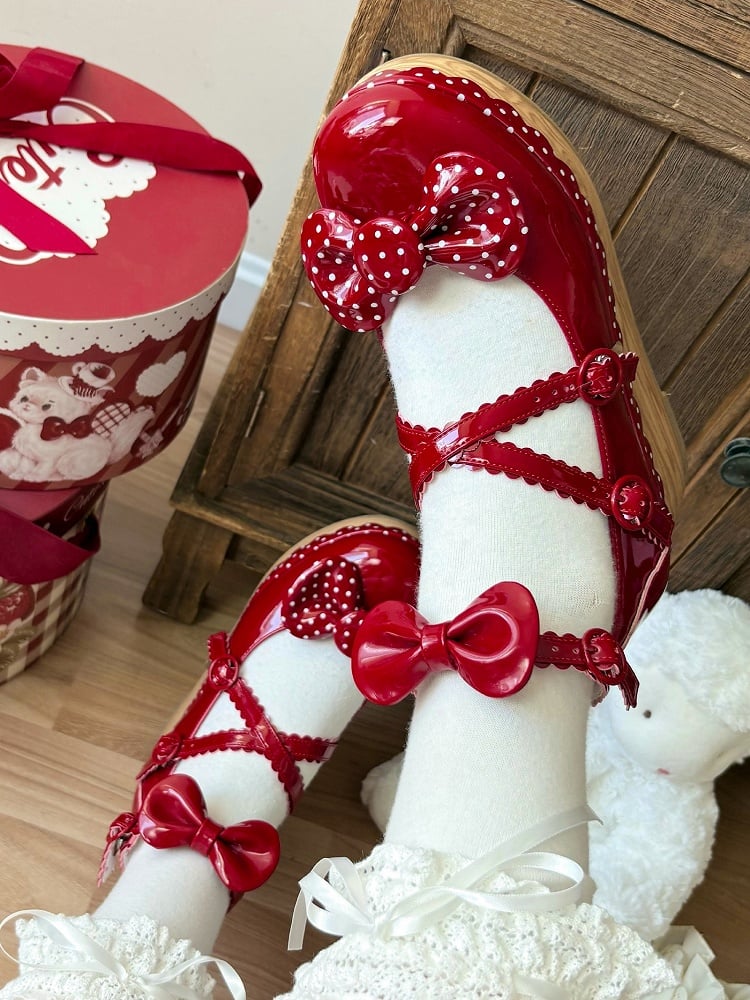 Lolita Leather Red Polka-dot PU Wedge Pattern Mary Janes Polished - Sweet
