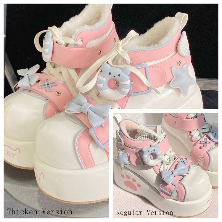 Platform - Embroidery Lolita Blue White Sweet Regular/Thicken Sneakers Version Paw
