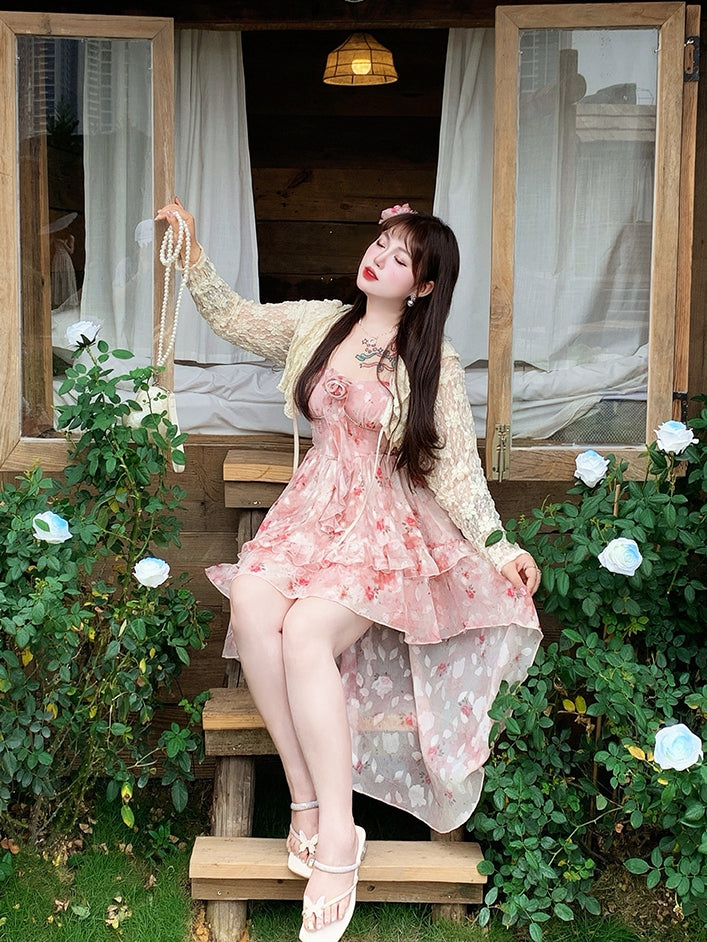 Rock High-Low-Rosettendruck Camisole Rosa Rüschen Übergröße Baskentaille Kaskadenkleid