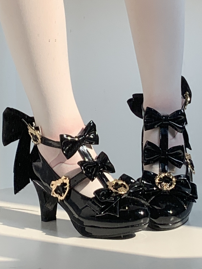 Black Accent Hime Janes Detachable Lolita - Heart PU Toe Pointed High-heel Rhinestone Bow Back Mary