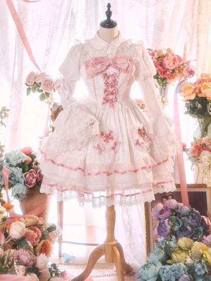 White and Pink Bowknot Details Tiered Skirt Sweet Lolita Dress Jumper Skirt
