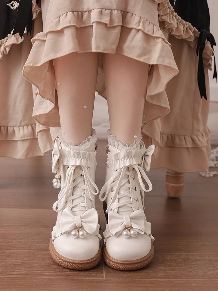 Version Bow Regular/Thicken Beaded with Accents PU Lace Lolita Boots Leather White Cuff Platform Charm 4cm
