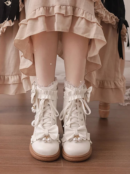 Version Bow Regular/Thicken Beaded with Accents PU Lace Lolita Boots Leather White Cuff Platform Charm 4cm