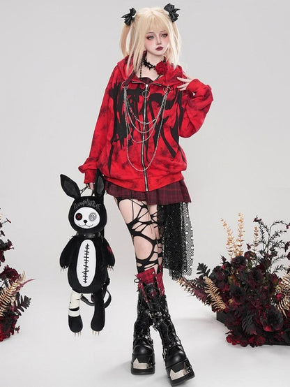 Punk Red Letters Chain Design Zip Hoodie