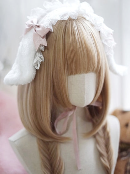 Milchweiß/Karamell/Orange/Pink &amp; Schwarz, hüftlange, glatte Perücke mit vollem Pony