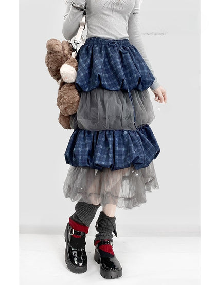 Blue Plaid Pattern Patchwork Tiered Bubble Skirt