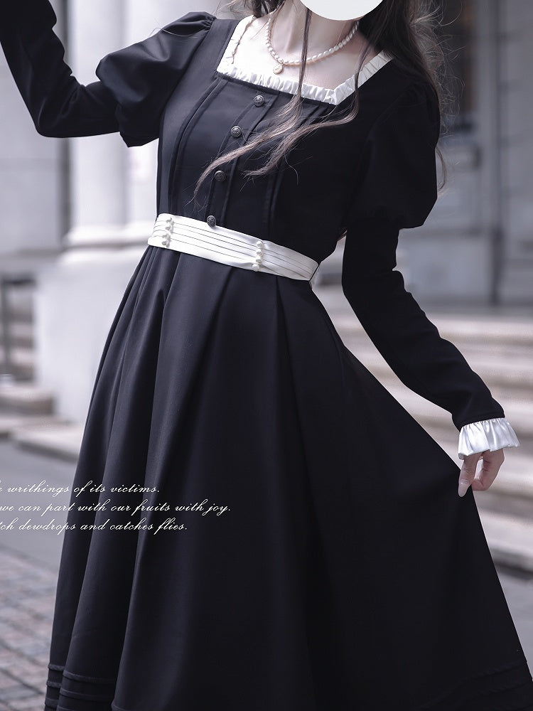 Sleeves Black Square Vintage Neck Midi Dress Elegant Juliet