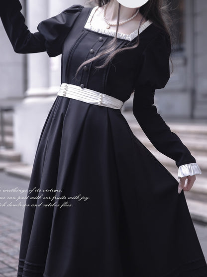 Sleeves Black Square Vintage Neck Midi Dress Elegant Juliet