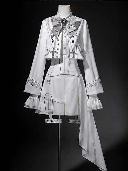 Silver & White Ouji Military Lolita Jacquard Cropped Coat + Cross Embroidery Asymmetric High Waist Shorts + Long Sleeves Shirt + Detachable Collar Set - Unknown Star