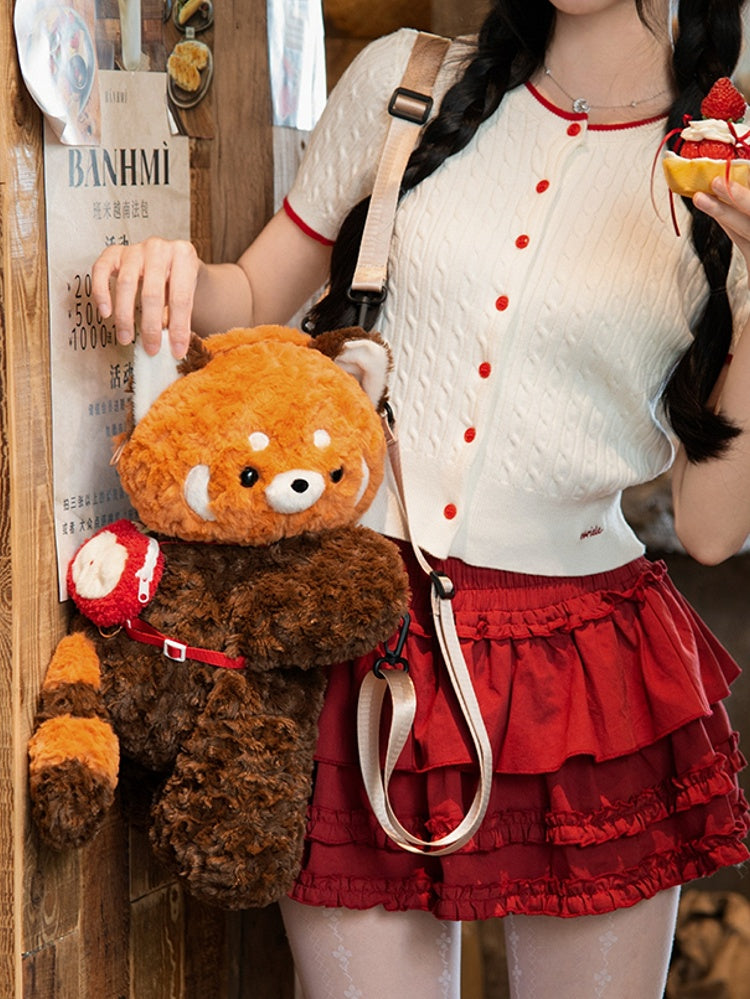 Bag Brown Plush Cute 40cm + Backpack/Crossbody Panda Keychain Red