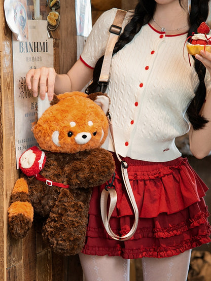 Bag Brown Plush Cute 40cm + Backpack/Crossbody Panda Keychain Red