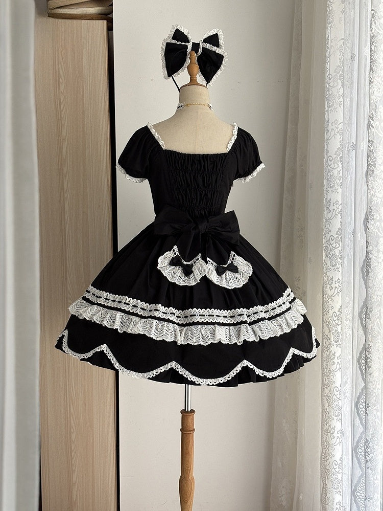 Lolita Ärmel Schwarz Alt Kurzer Ausschnitt Schulstück Puff Square One und Kleid Baumwolle