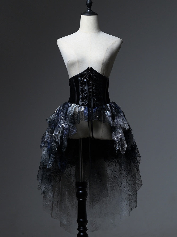 Lolita Bloodstain with Print Train Blue Boned Corset Black Lace Gothic Belt