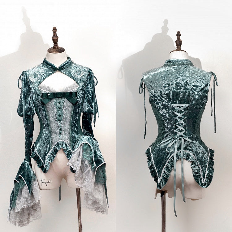 Green Detachable Long Bell Sleeves Snake Bones Embroidery Velvet Top