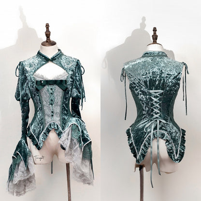 Green Detachable Long Bell Sleeves Snake Bones Embroidery Velvet Top