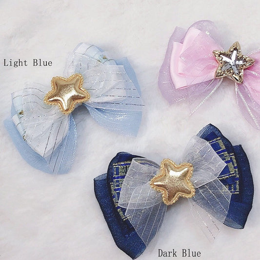 Decorated Blue Idol Dark//Light Lolita Hairclip Star Bowknot