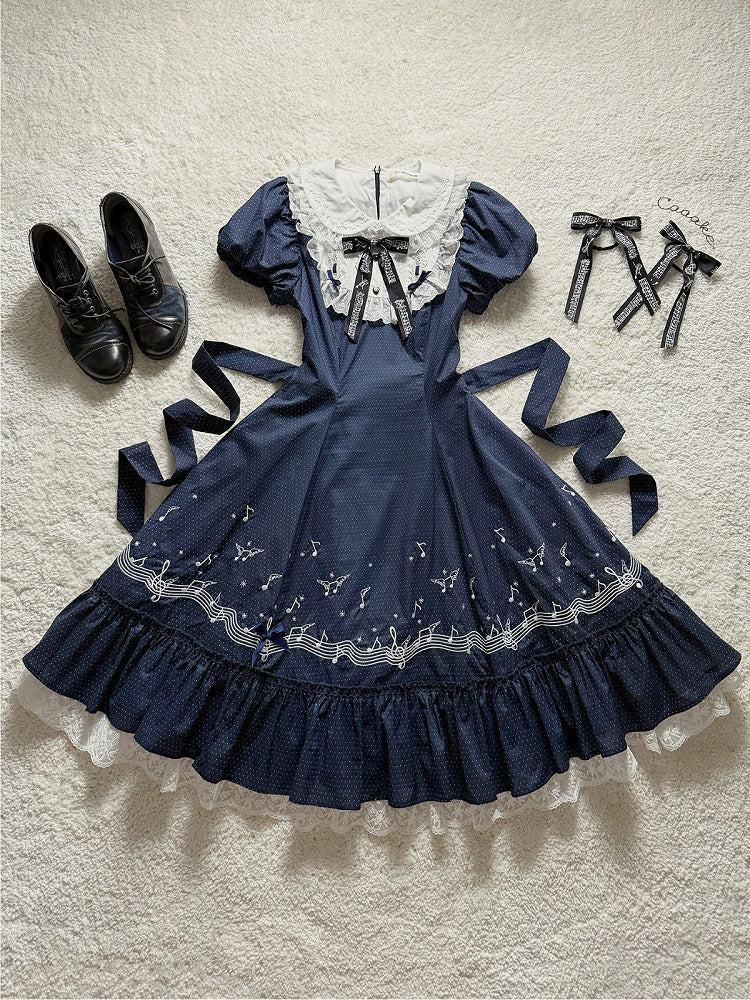 Dark Blue Polka Dot Embroidered Lolita Dress with Music Note Motif and Multi-Panel Cut - Surface Spell