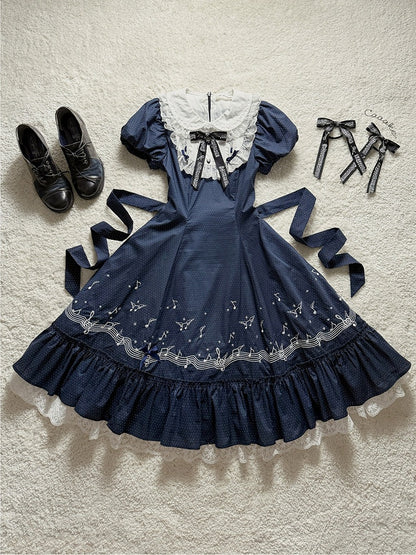 Dark Blue Polka Dot Embroidered Lolita Dress with Music Note Motif and Multi-Panel Cut - Surface Spell