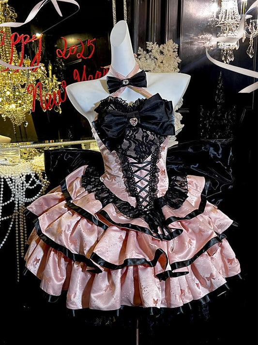 ピンクの蝶結び生地のティアードパフィースカート、ホルターネック、バースデーコルセットドレス