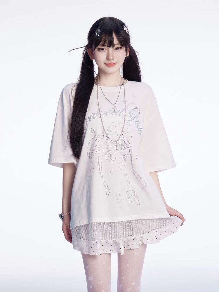 T-shirt Key Rhinestones Bowknot and Lace Trim White Round Neck