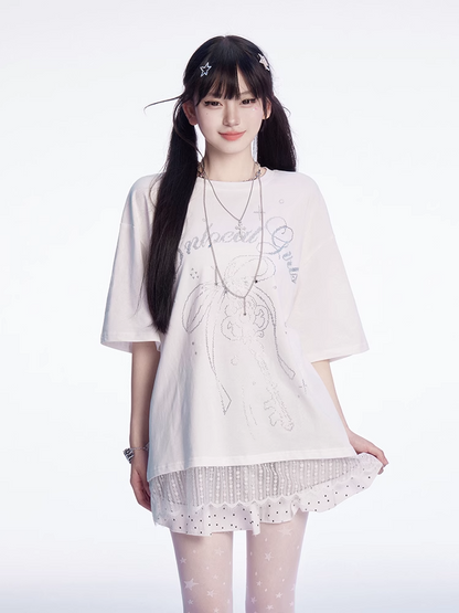 T-shirt Key Rhinestones Bowknot and Lace Trim White Round Neck