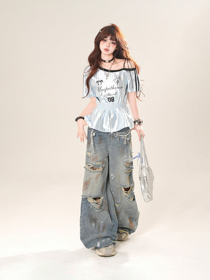 アシンメトリーネックライン ストライプTシャツ スモック 伸縮性ウエスト ブロケット コア ブラック/ブルー