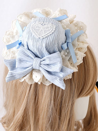 Cute Light Green Mint Beads Doll-Style Lace Pink-Purple Blue Bowknot With Mini Lolita Hat /