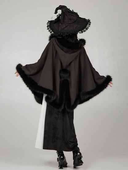 Hooded Winter Cape Coat with Plush Trim in Black - With PUJI