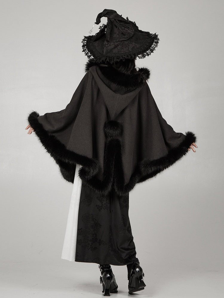 Black Hooded Winter Cape Coat with Plush Trim - With PUJI