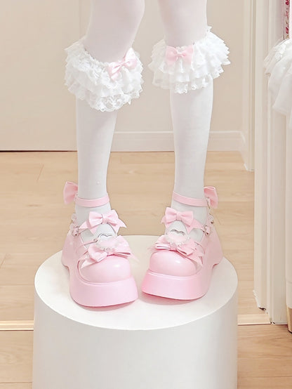 Pink - Lolita Sweet Details Janes Bow Platform Heart PU Mary Trim Lace with Accents