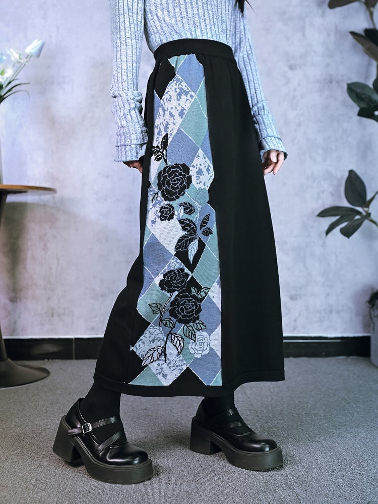 with Cheongsam Jacquard Pattern Skirt Diamond Multicolor Knit Black