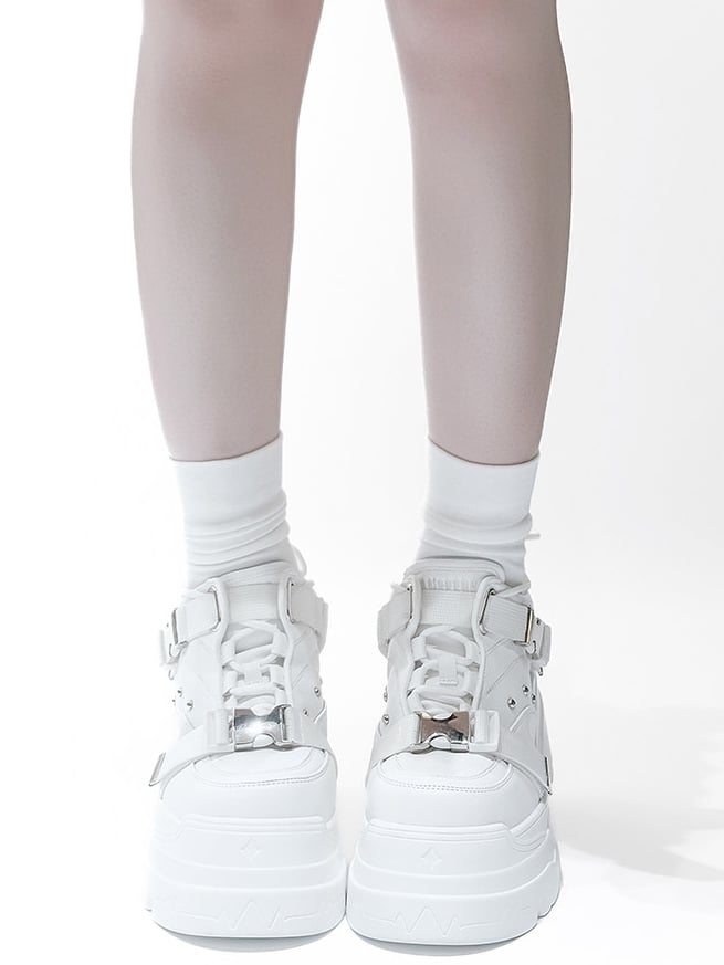 White Dual Platforms Techwear in Stud Matte Fastening Embellishments PU