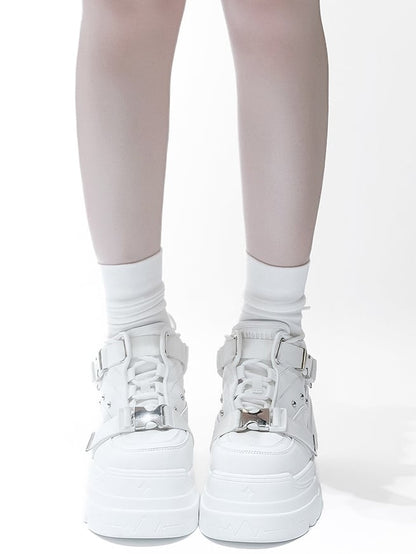 White Dual Platforms Techwear in Stud Matte Fastening Embellishments PU