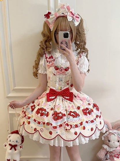 Erdbeerdessert Süßer Print Lolita und Kleid Cremefarbener Overall Weiß