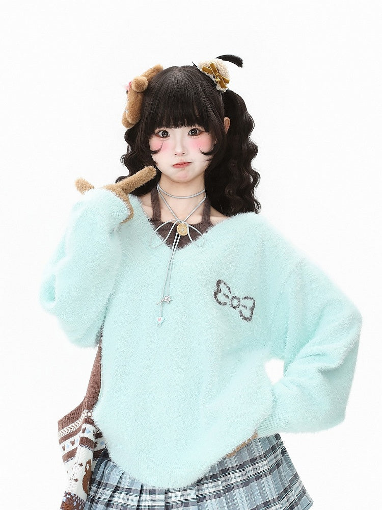 with Sleeve in Halter Neck Details Two-piece Bow Green/Black Top Long
