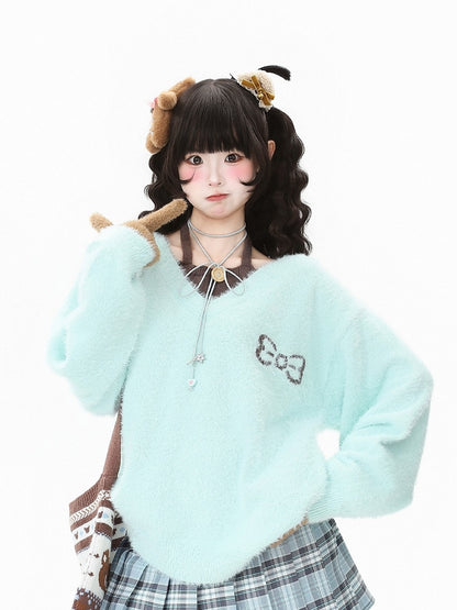 with Sleeve in Halter Neck Details Two-piece Bow Green/Black Top Long